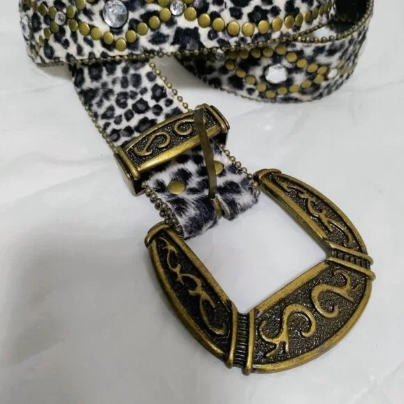 NWOT Calf Hair Embellished Rhinestone Studded Punk Y2K Rocker Waist Belt S / M - Picture 2 of 9